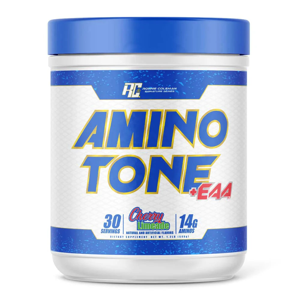 Amino Tone + EAA supplement container with blue and white design on a white background