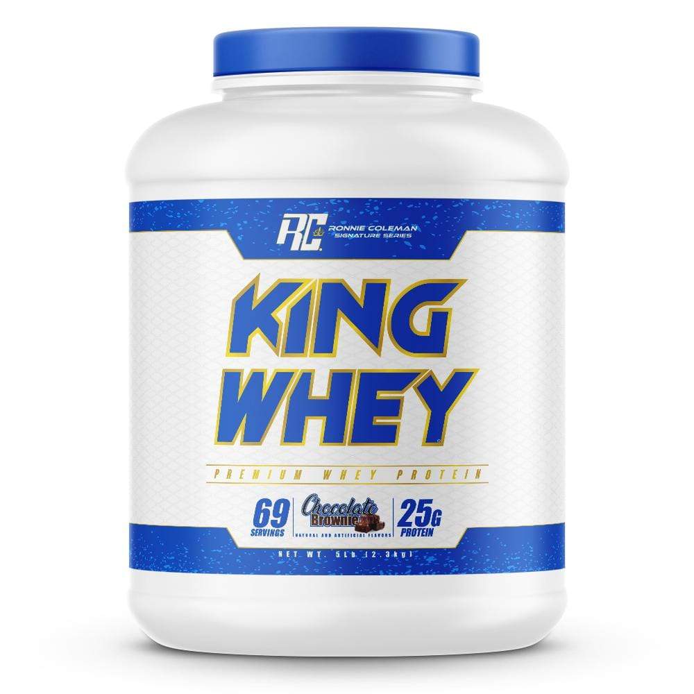 King Whey protein powder container with blue and white design on a white background
