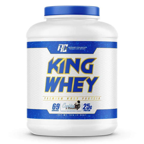 King Whey protein powder container with blue and white label on a white background