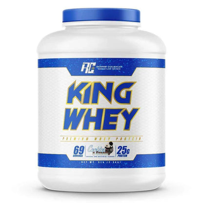 King Whey protein powder container with blue and white label on a white background