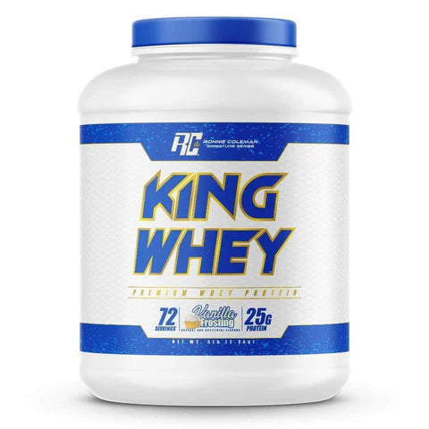 King Whey protein powder container with blue and white label on a white background