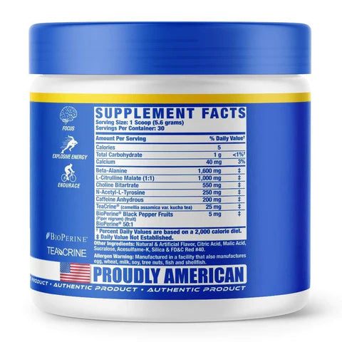 Supplement container with blue lid and label displaying supplement facts and branding.
