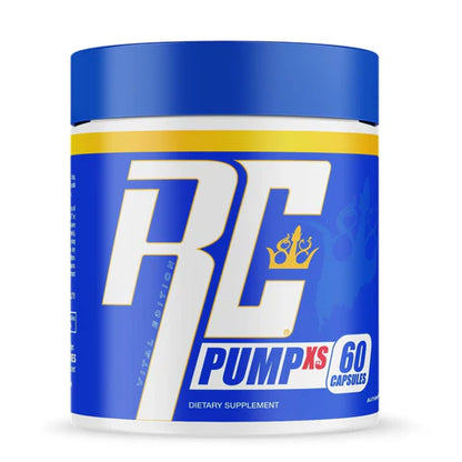 Supplement container labeled 'Pump XS' with blue and white design on a white background