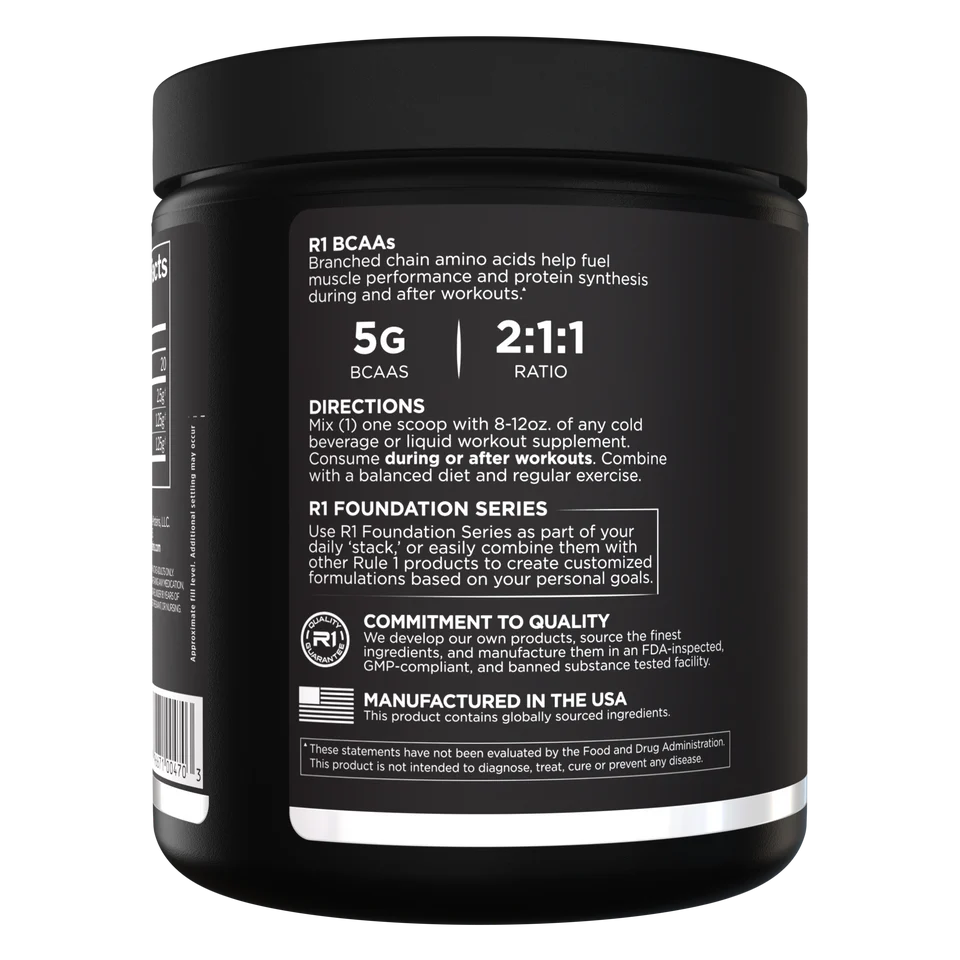 Black supplement container with white text on a white background