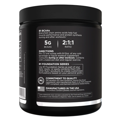 Black supplement container with white text on a white background