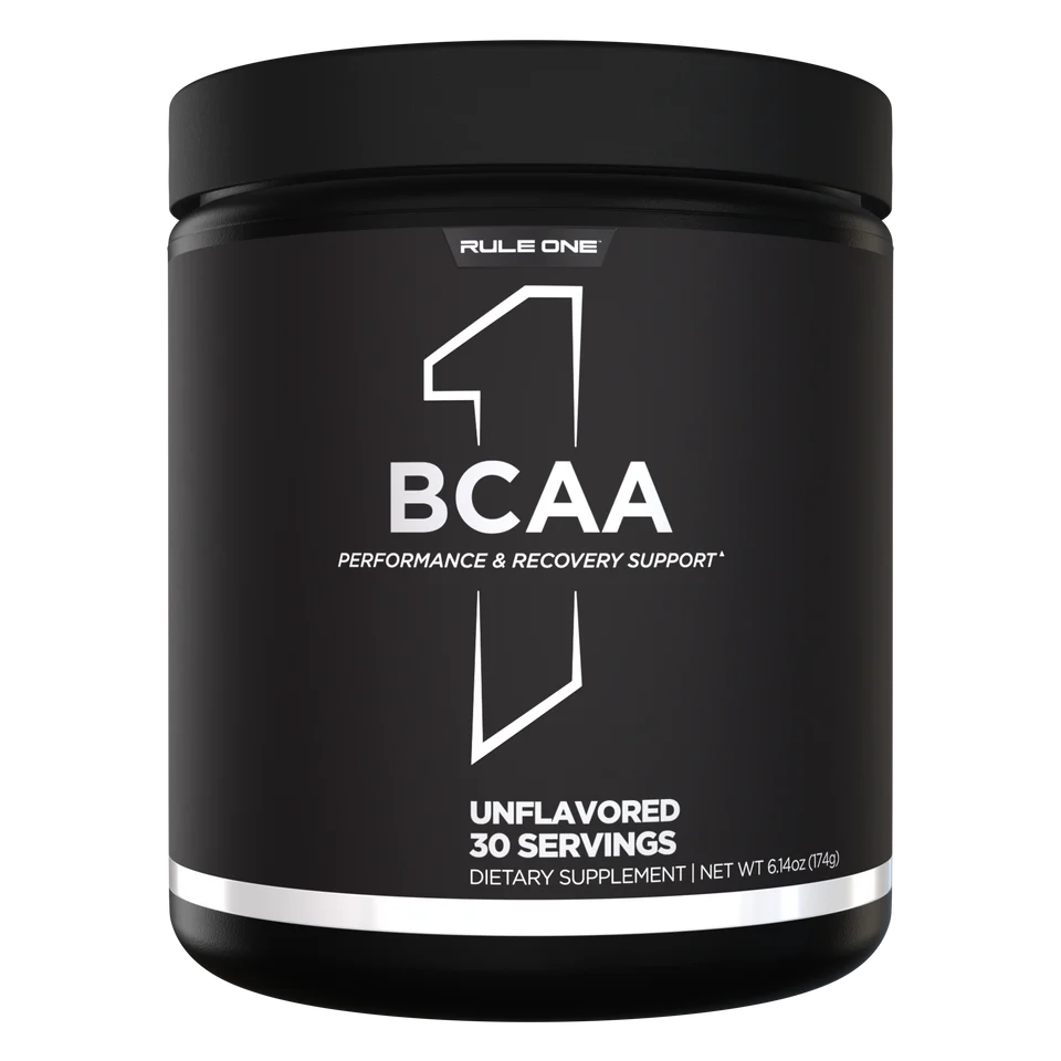 Black container of Rule One BCAA supplement on a white background