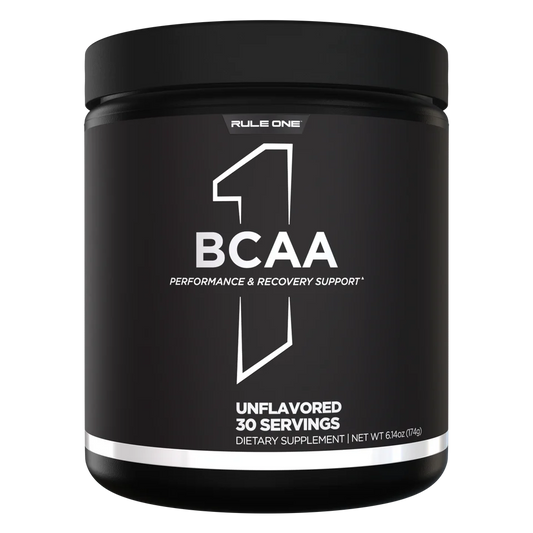 Black container of Rule One BCAA supplement on a white background