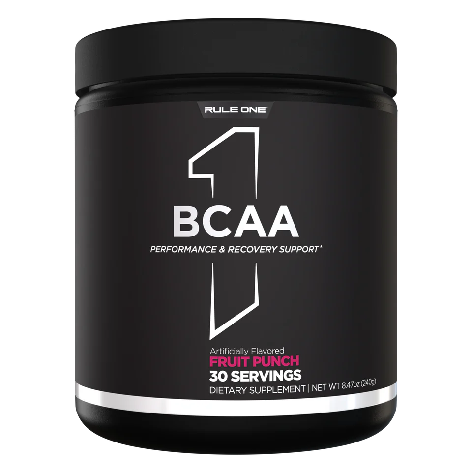 Black container of Rule One BCAA supplement with fruit punch flavor on a white background