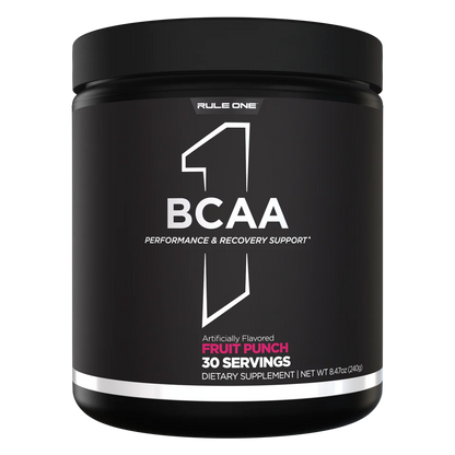 Black container of Rule One BCAA supplement with fruit punch flavor on a white background
