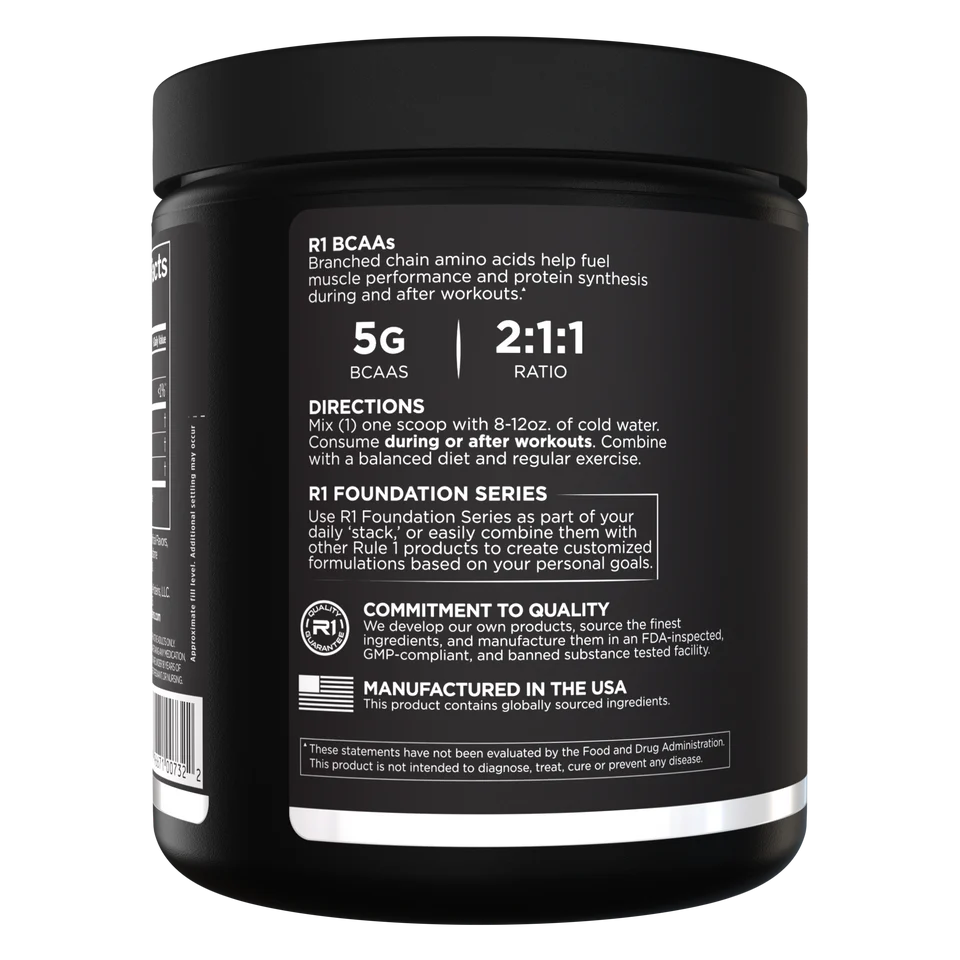 Black supplement container with white text on a white background