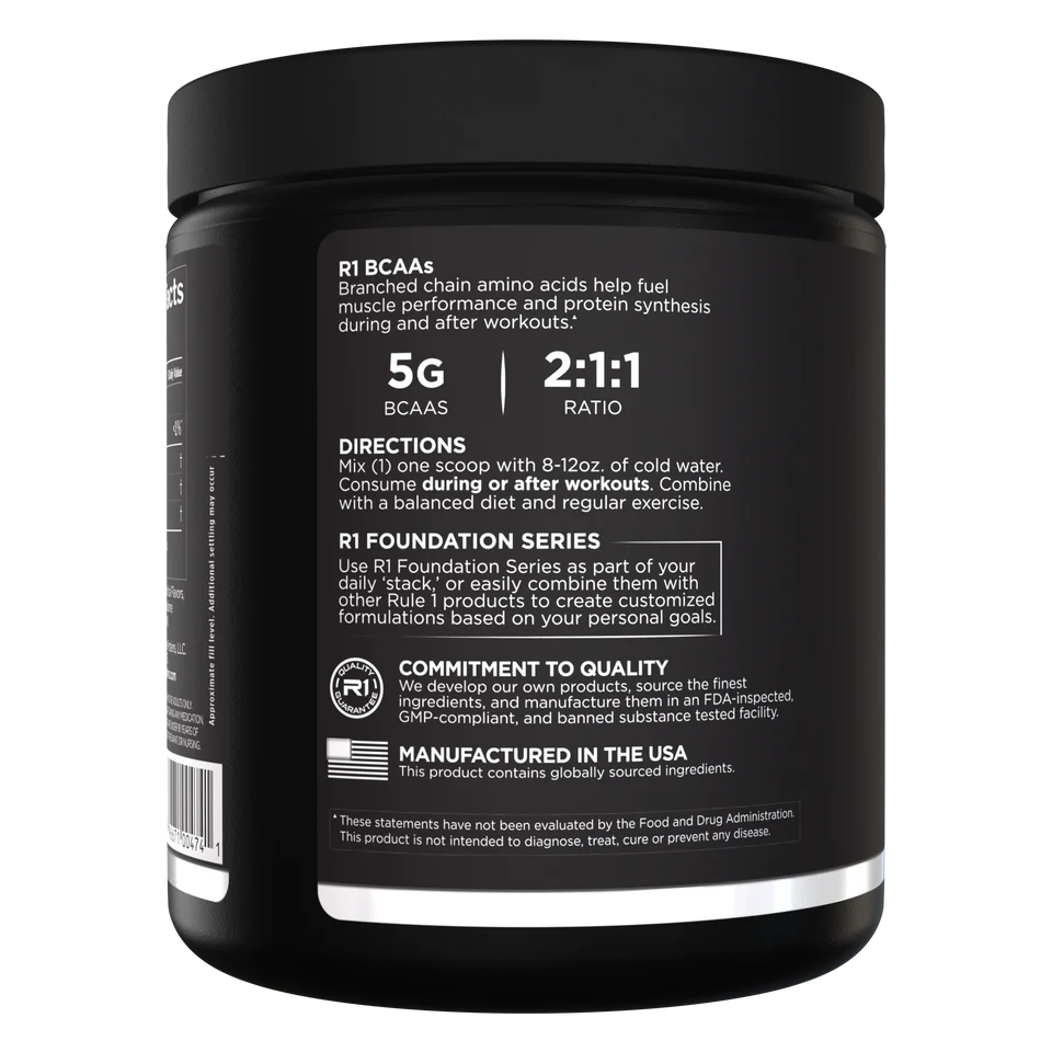 Black supplement container with white text on a white background