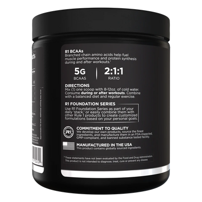 Black supplement container with white text on a white background