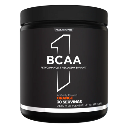 Black container of Rule One BCAA supplement with orange flavor and 30 servings on a white background