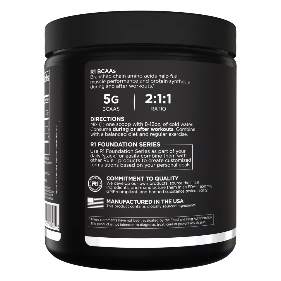 Black supplement container with white text on a white background