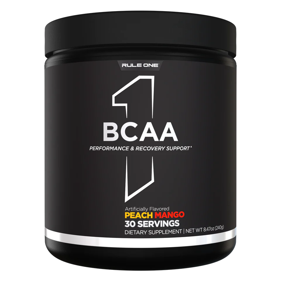 Black container of Rule One BCAA supplement with peach mango flavor on a white background