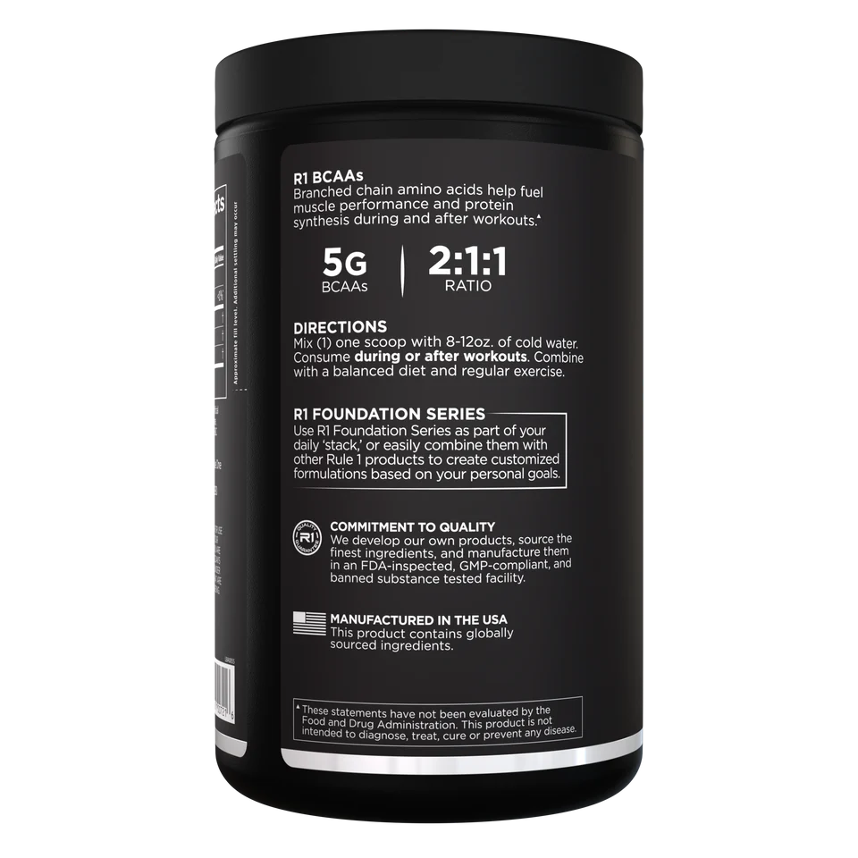 Black supplement container with white text on a white background