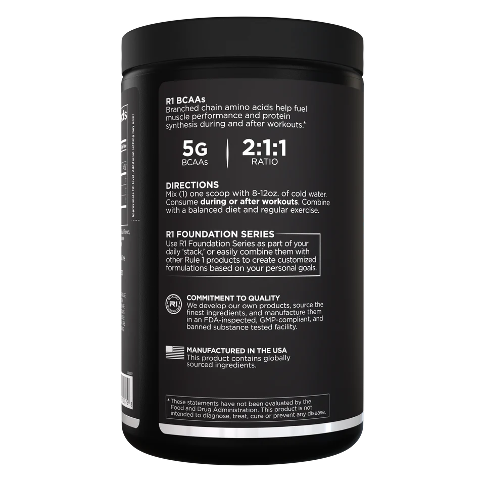 Black supplement container with white text on a white background