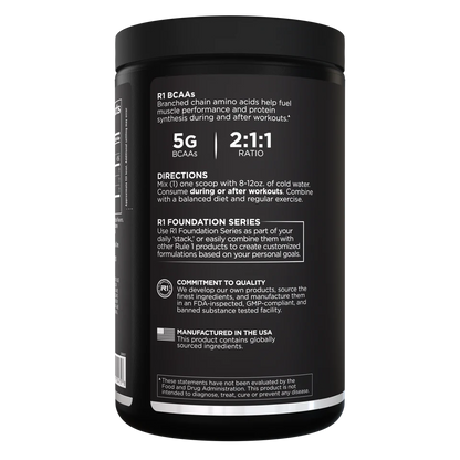 Black supplement container with white text on a white background