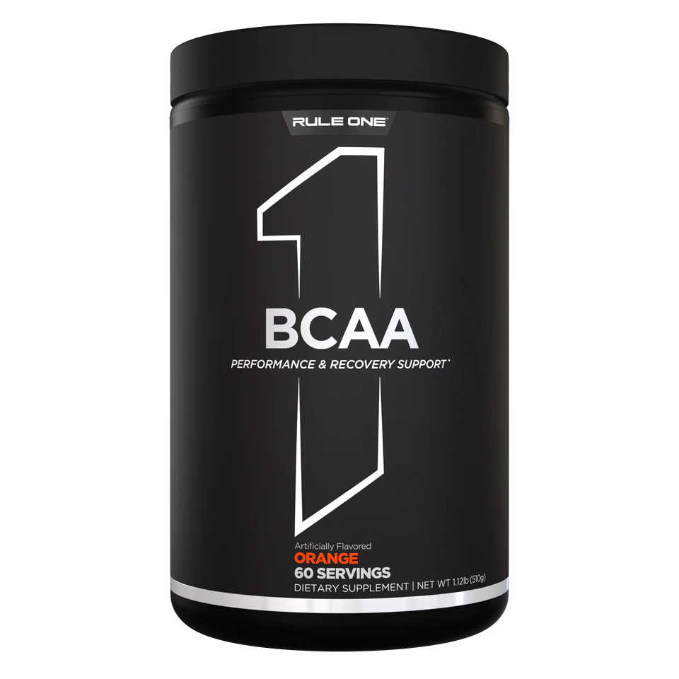 Black supplement container labeled 'Rule One BCAA' on a white background