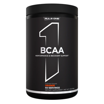 Black supplement container labeled 'Rule One BCAA' on a white background
