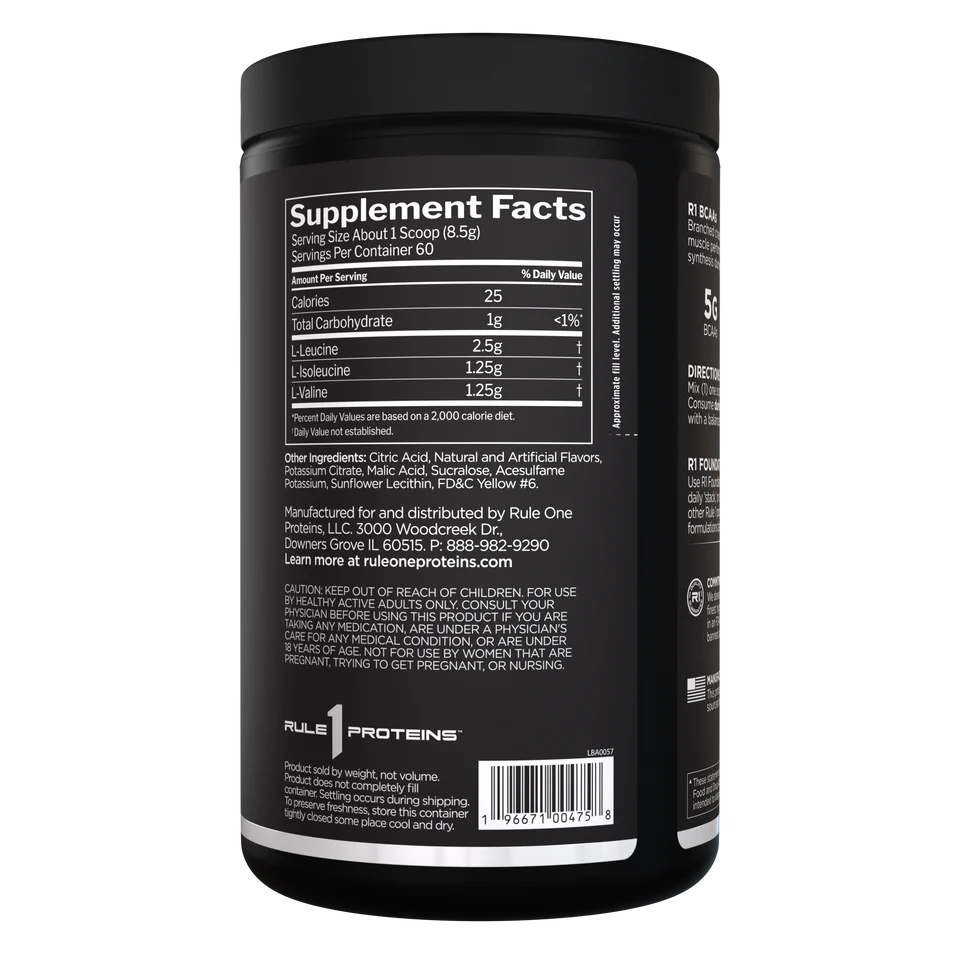 Back label of a supplement container with 'Rule 1 Proteins' branding on a white background