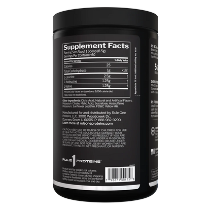 Back label of a supplement container with 'Rule 1 Proteins' branding on a white background