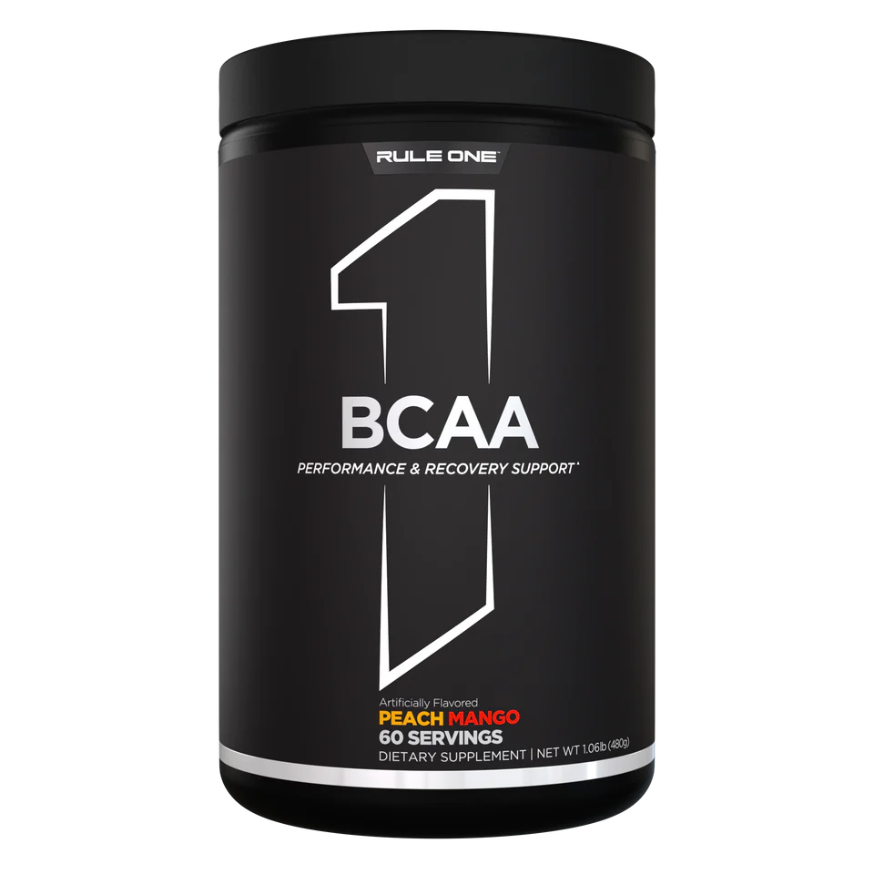 Black container of Rule One BCAA supplement with white text on a white background