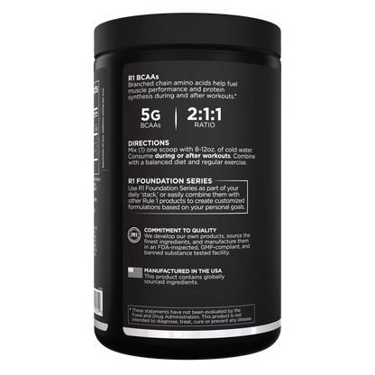 Black supplement container with white text on a white background