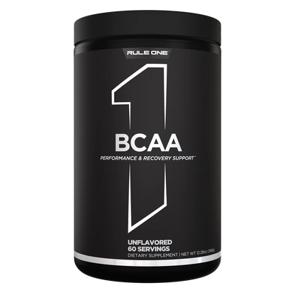 Black supplement container with 'Rule One' branding on a white background