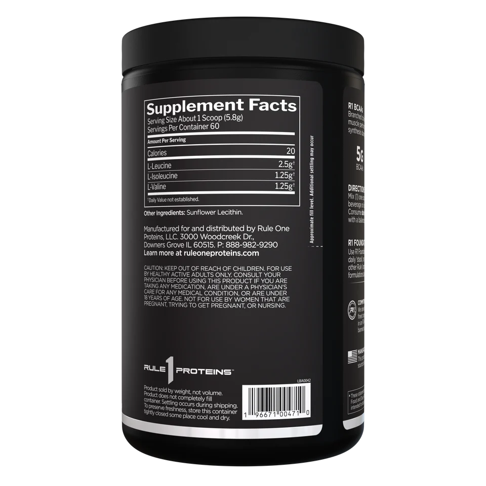 Black supplement container with white text displaying supplement facts and branding on a white background