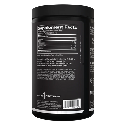 Black supplement container with white text displaying supplement facts and branding on a white background