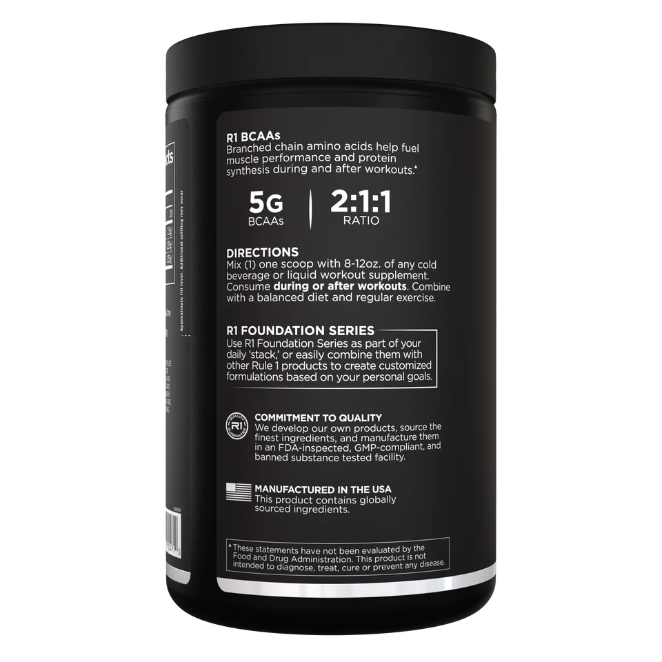 Black supplement container with white text on a white background