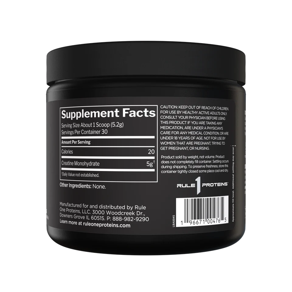 Black supplement container with 'Rule1 Proteins' branding on a white background