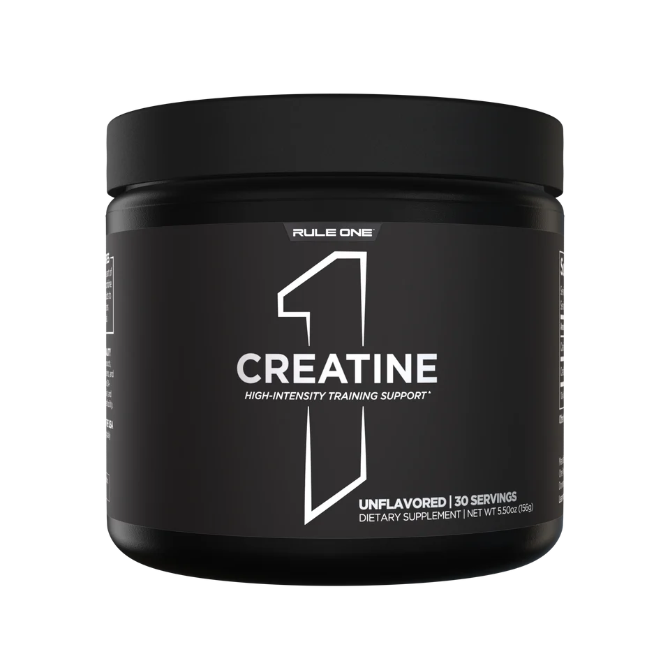 Black container of Rule One Creatine supplement on a white background