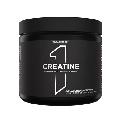 Black container of Rule One Creatine supplement on a white background