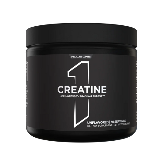 Black container of Rule One Creatine supplement on a white background