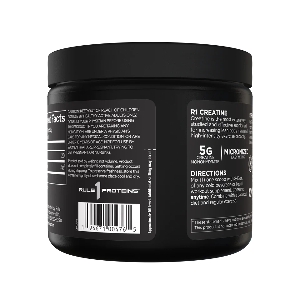 Black container of R1 Creatine with label on a white background