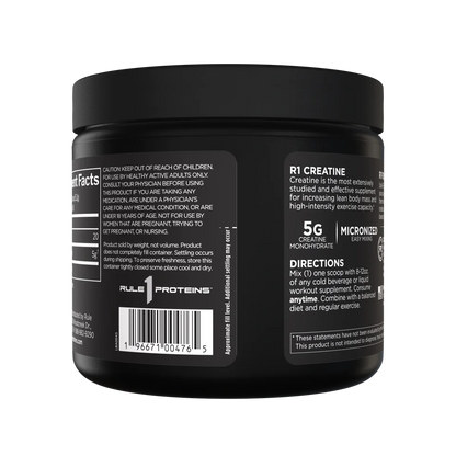 Black container of R1 Creatine with label on a white background
