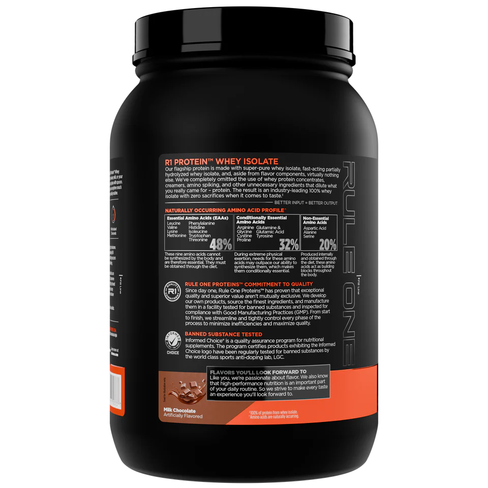 Black protein powder container with visible text on a white background