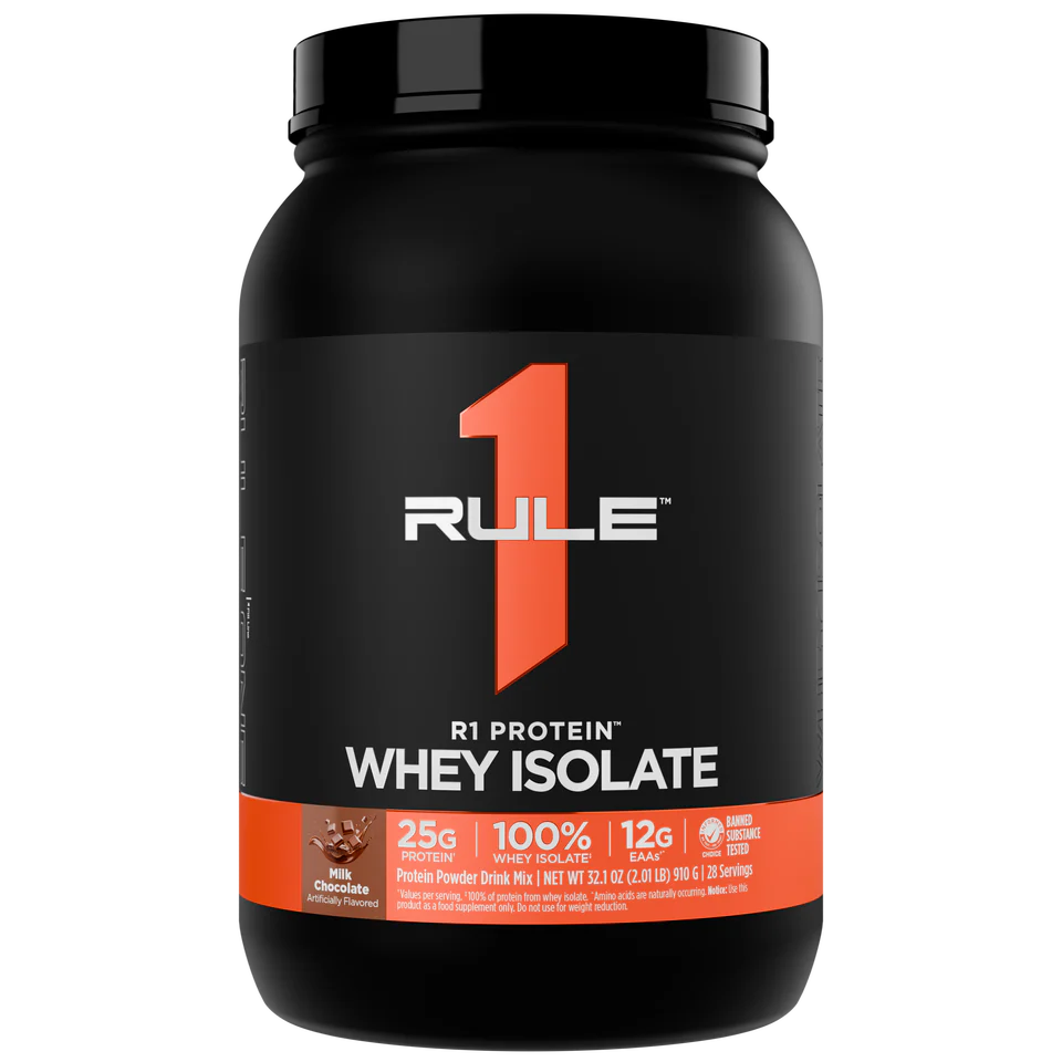 Rule 1 Whey Isolate protein powder container on a white background