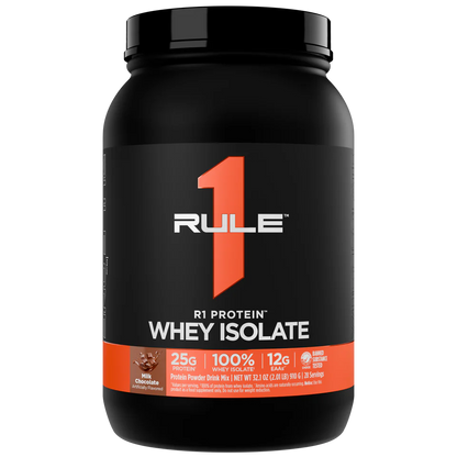 Rule 1 Whey Isolate protein powder container on a white background