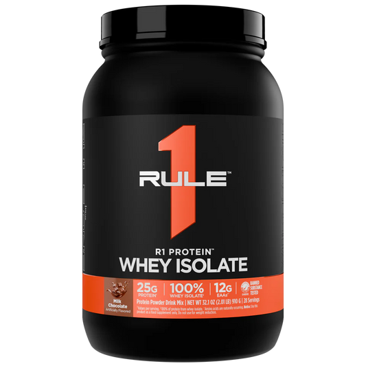 Rule 1 Whey Isolate protein powder container on a white background