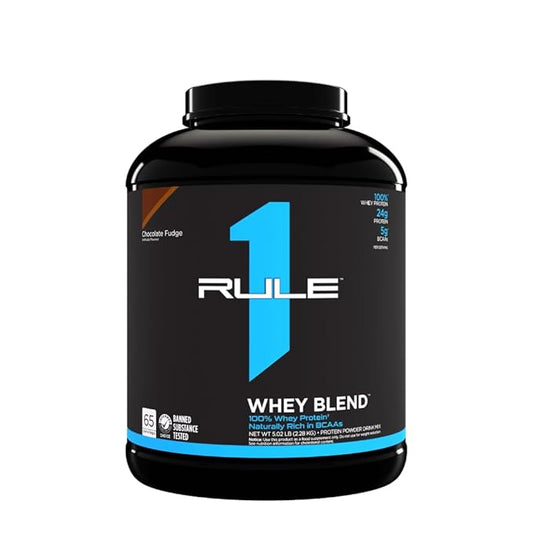 Rule 1 Whey Blend protein powder container on a white background