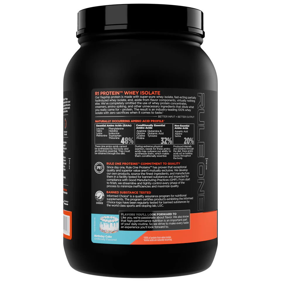 Black protein powder container with visible branding on a white background