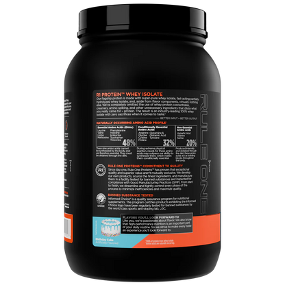 Black protein powder container with visible branding on a white background