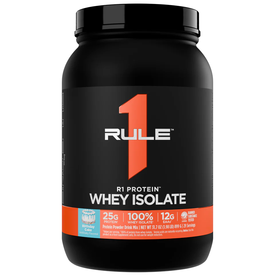 Black container of Rule 1 Whey Isolate protein powder on a white background