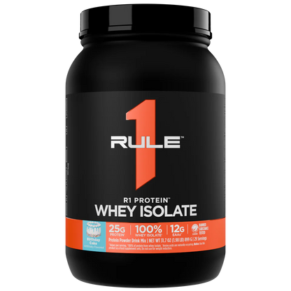 Black container of Rule 1 Whey Isolate protein powder on a white background