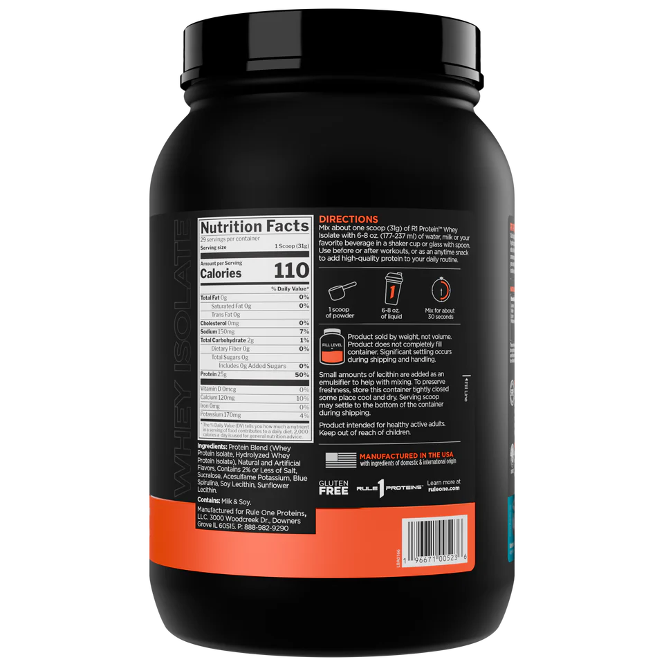 Black protein powder container with nutrition facts label on a white background