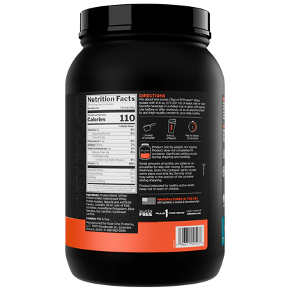 Black protein powder container with nutrition facts label on a white background