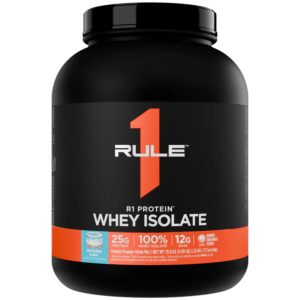 Rule 1 Whey Isolate protein powder container on a white background